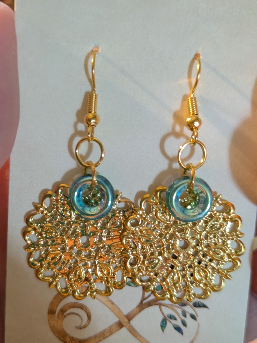 Gold Filigree Drop Earrings with Teal Blue Accent